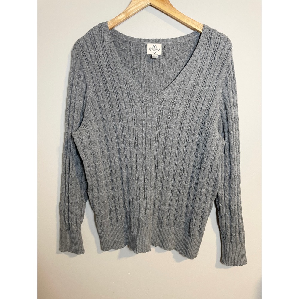 St Johns Bay Heather Gray Cable Knit V-Neck Sweater Size 1X Cotton Blend Preppy